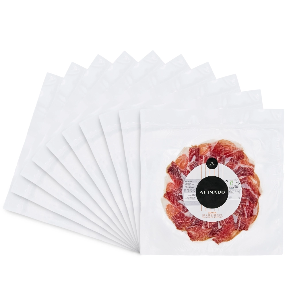 PACK 10 SOBRES JAMÓN DE CEBO IBÉRICO 50% RAZA IBÉRICA (100g) PACK 10 SOBRES JAMÓN DE CEBO IBÉRICO 50% RAZA IBÉRICA (100g)